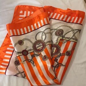 Orange and White Striped Scarf with Chain Print
